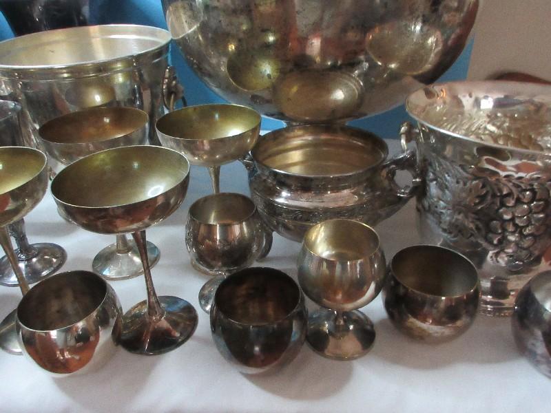 Group Misc. Silverplate Stem Goblets, Wine, Champagne, Nickel Silverplate Grapevine Relief