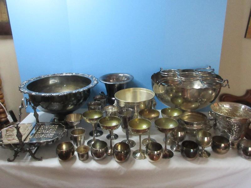 Group Misc. Silverplate Stem Goblets, Wine, Champagne, Nickel Silverplate Grapevine Relief