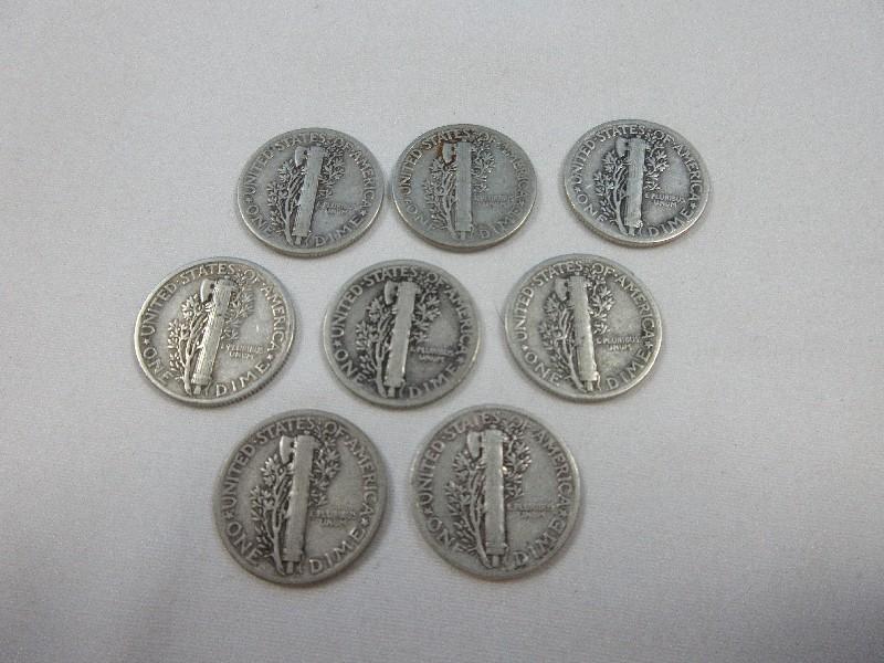 8 Silver Mercury Dimes Winged Liberty Dime Coins 1942 Wgt. 2.5 G Each