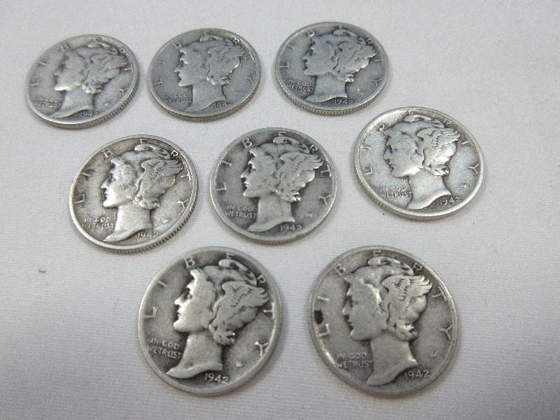 8 Silver Mercury Dimes Winged Liberty Dime Coins 1942 Wgt. 2.5 G Each