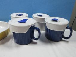 2 Corningware 20oz Stoneware Colours Meal Mugs w/Vented Lids, 2 White Jade Porcelain bowls
