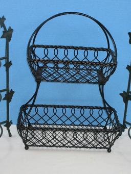Lot Mikasa Gourmet Basics Loop & Lattice 2 Tier Flatback Basket Wrought Iron 18"H, 2 Green?.