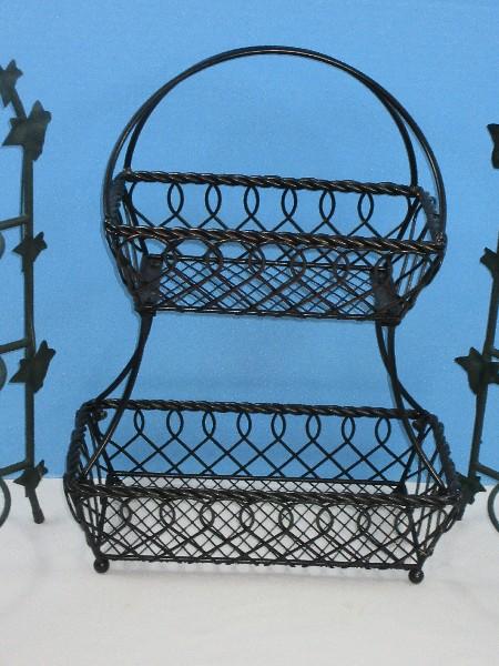 Lot Mikasa Gourmet Basics Loop & Lattice 2 Tier Flatback Basket Wrought Iron 18"H, 2 Green?.