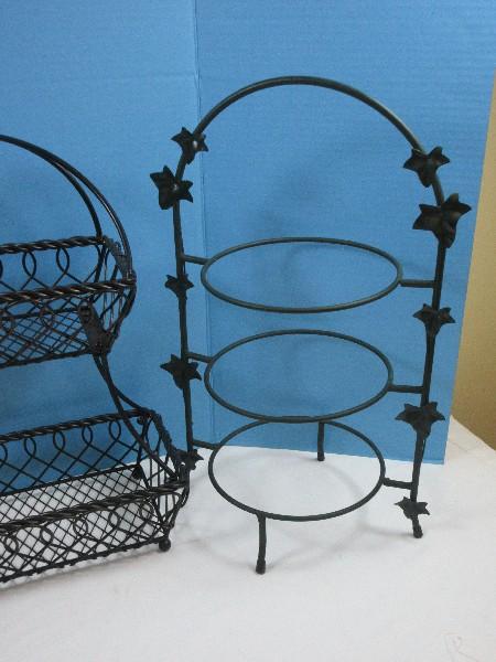Lot Mikasa Gourmet Basics Loop & Lattice 2 Tier Flatback Basket Wrought Iron 18"H, 2 Green?.