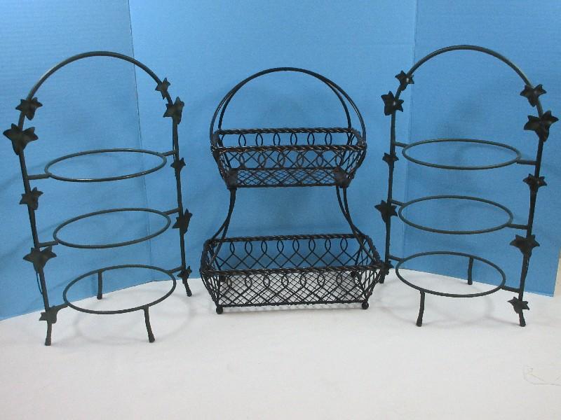 Lot Mikasa Gourmet Basics Loop & Lattice 2 Tier Flatback Basket Wrought Iron 18"H, 2 Green?.