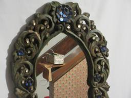 India Arts Scroll Leaves and Flowers Intricate Design Wall Framed Mirror w/Cobalt Blue