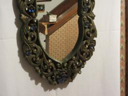 India Arts Scroll Leaves and Flowers Intricate Design Wall Framed Mirror w/Cobalt Blue