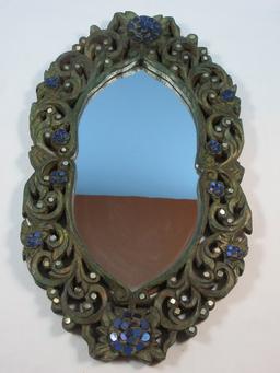 India Arts Scroll Leaves and Flowers Intricate Design Wall Framed Mirror w/Cobalt Blue