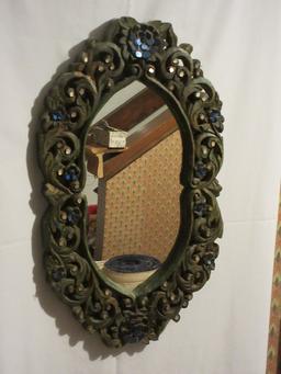 India Arts Scroll Leaves and Flowers Intricate Design Wall Framed Mirror w/Cobalt Blue