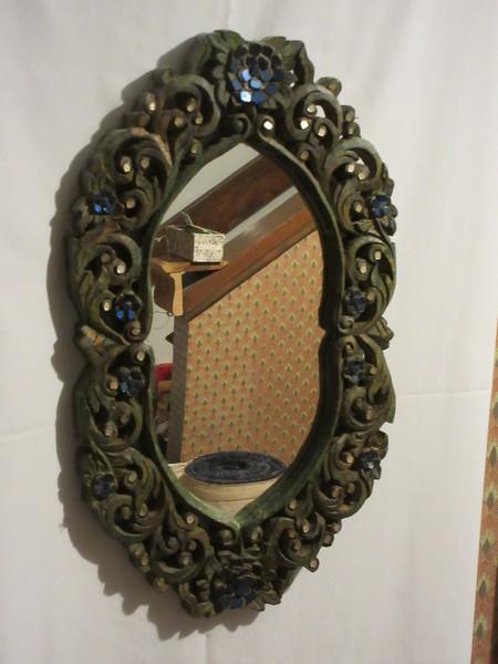India Arts Scroll Leaves and Flowers Intricate Design Wall Framed Mirror w/Cobalt Blue