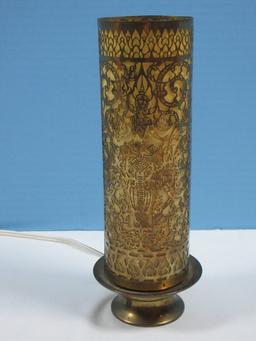 9" Unique Filigree Buddha Riding Elephant Intricately Design Cylinder Sleeve Over Brass Footed