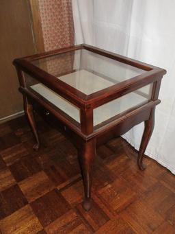 Cherry Queen Anne Style Display Curio end table Glass Lift Top Slender Drawer, Felt Base