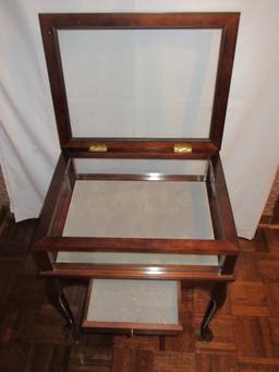 Cherry Queen Anne Style Display Curio end table Glass Lift Top Slender Drawer, Felt Base