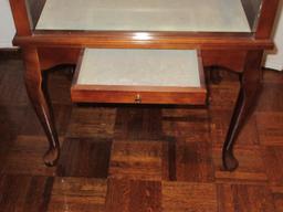 Cherry Queen Anne Style Display Curio end table Glass Lift Top Slender Drawer, Felt Base