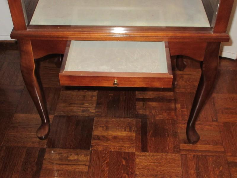 Cherry Queen Anne Style Display Curio end table Glass Lift Top Slender Drawer, Felt Base