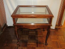 Cherry Queen Anne Style Display Curio end table Glass Lift Top Slender Drawer, Felt Base