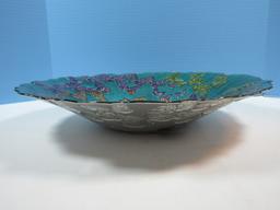 D.C. Glassware Fluttering Butterflies Console 16" Bowl Vivid Colors on Turquoise Background
