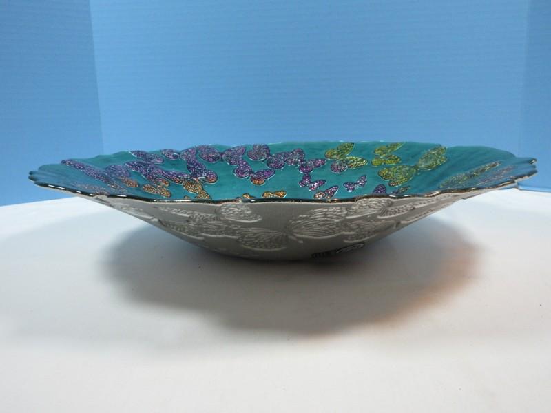 D.C. Glassware Fluttering Butterflies Console 16" Bowl Vivid Colors on Turquoise Background