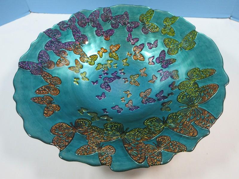 D.C. Glassware Fluttering Butterflies Console 16" Bowl Vivid Colors on Turquoise Background