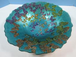 D.C. Glassware Fluttering Butterflies Console 16" Bowl Vivid Colors on Turquoise Background