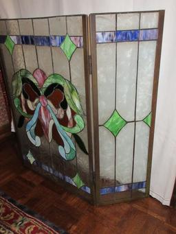 Tiffany Style Elegant Classic Victorian Era Design Tri-Fold Panel Fireplace Screen Frosted