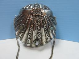 White Brass Scalloped Shell Gemstone Purse/Shoulder Bag Clamshell Pillow Purse Curb Chain