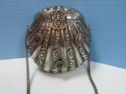 White Brass Scalloped Shell Gemstone Purse/Shoulder Bag Clamshell Pillow Purse Curb Chain