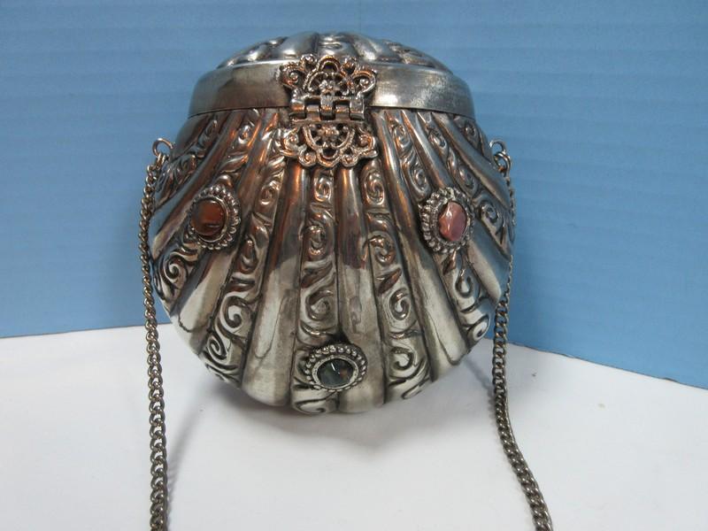White Brass Scalloped Shell Gemstone Purse/Shoulder Bag Clamshell Pillow Purse Curb Chain