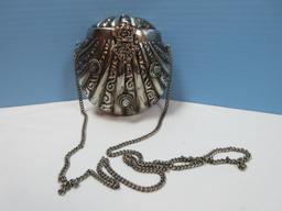 White Brass Scalloped Shell Gemstone Purse/Shoulder Bag Clamshell Pillow Purse Curb Chain