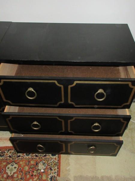 Spectacular Hollywood Regency Black and Gold Trim Dorothy Draper Style 3 Drawer Chest