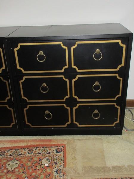 Spectacular Hollywood Regency Black and Gold Trim Dorothy Draper Style 3 Drawer Chest