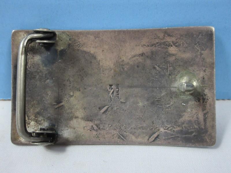 Sterling Native American Navajo Design Belt Buckle Turquoise and Coral w/ Incised Design