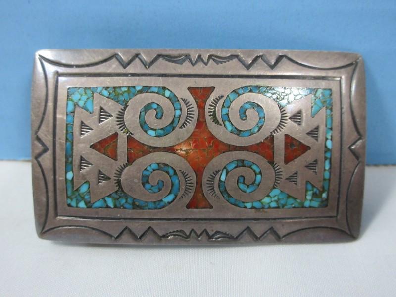 Sterling Native American Navajo Design Belt Buckle Turquoise and Coral w/ Incised Design