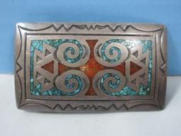 Sterling Native American Navajo Design Belt Buckle Turquoise and Coral w/ Incised Design