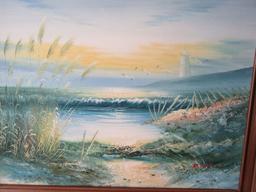 Dunes w/Seagrass & Rolling Waves Lighthouse Background Beach Scene Oil on Canvas Artist