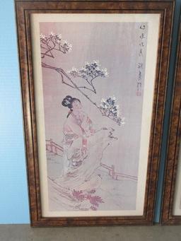 Beautiful Pair Oriental Geisha Fine Art Prints Landscape Scenes in Simulated Burled Walnut