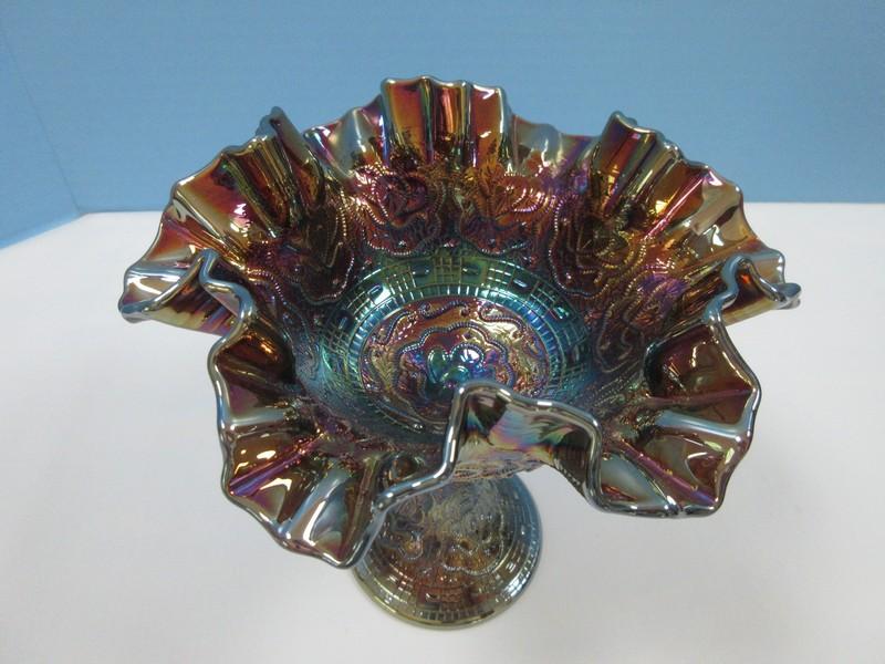 Shimmering Fenton Art Glass Carnival Amethyst Glass Persian Medallion Pattern-6 5/8"H, 6 3/8"W