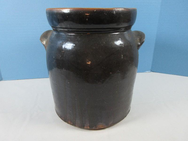 Vintage Pottery Crock Storage Vessel w/Lug Handles- 9 1/2"H x 7"