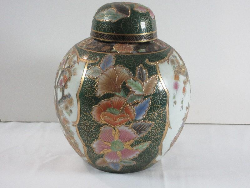 Satsuma Semi Porcelain Hand Painted Temple Jar w/Lid Birds & Flower Garden Oriental Design