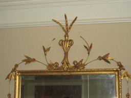 Gorgeous 19th Century Style Gilt Federal Design Beveled Wall Mirror Urn Form Finial w/Leaf