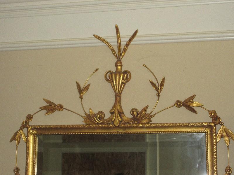 Gorgeous 19th Century Style Gilt Federal Design Beveled Wall Mirror Urn Form Finial w/Leaf