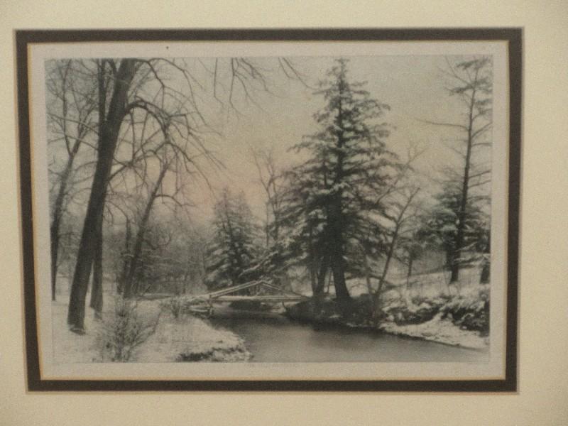 Black/White Fine Art Print Titled "The Old Bridge" Winter Stream Landscape Scene Gilt Frame