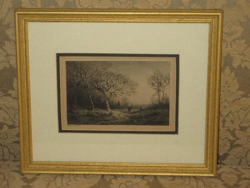 Antique henry Farrer 1887 "December" Etching Winter Landscape American Artist in Frame