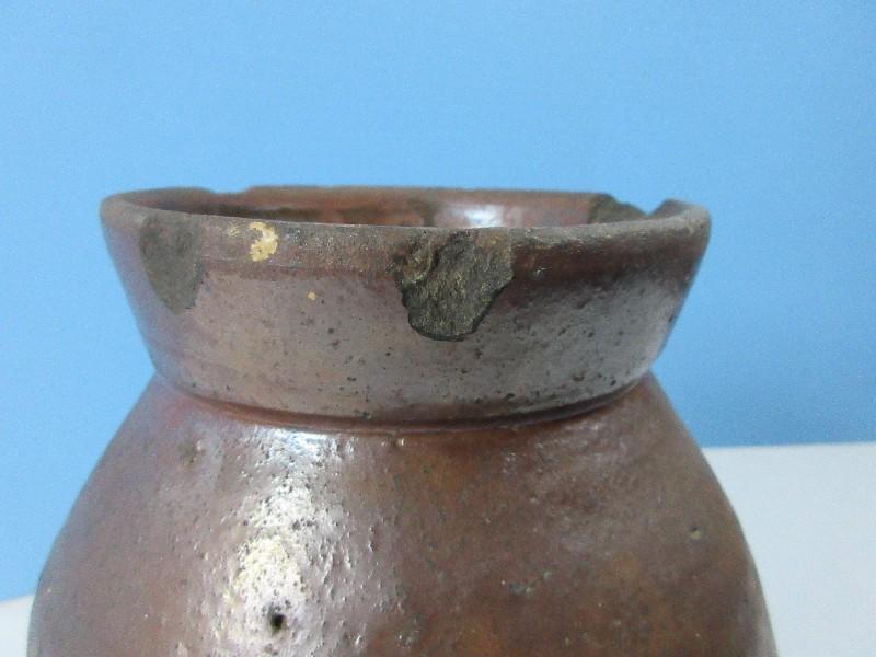 Early Pottery Storage Crock Vessel w/Flared Rim- 9 1/2"H, Top 4 3/4"