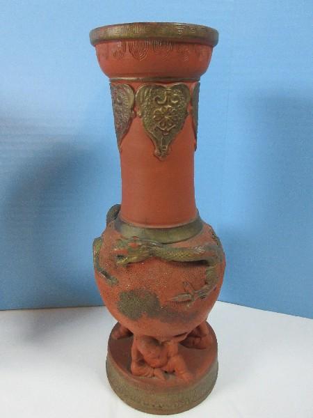 Pair Japanese Terra Cotta Red Yixing Type Molded 12" Vase Supported by 3 Figures on Low