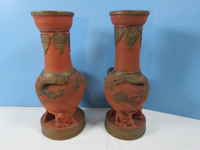 Pair Japanese Terra Cotta Red Yixing Type Molded 12" Vase Supported by 3 Figures on Low