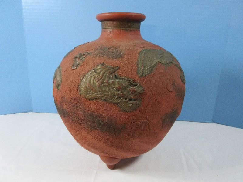 Early Japanese Terra Cotta Red Relief Gilted Dragon in The Clouds 3 Toed Bulbous Vase Jar- 12"H