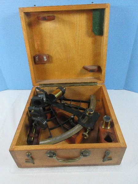 Antique Maritime Sextant Instrumentation in Original Wood Box Chest Case