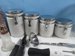 Lot Kitchenware Set of 4 Anchor Home Collection Wire Lock Canisters, Glass Canister, Utensils,