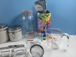Lot Kitchenware Set of 4 Anchor Home Collection Wire Lock Canisters, Glass Canister, Utensils,